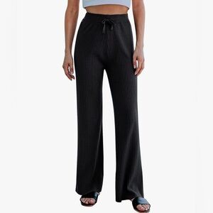 Women's Casual Ribbed Knit Pants Elastic Waist Tie Front Wide Sweater Pants